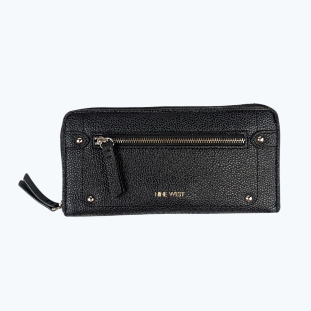 Nine West Black Pebbled Faux Leather Large Zip Around Wallet Minimalist Classic